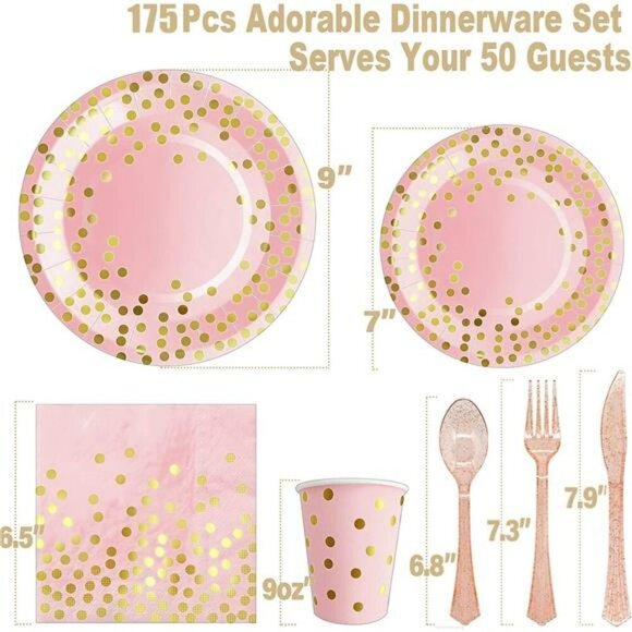 Pink Rose Gold Party Supplies Set for 25 Guests Plates Cups Napkins Cutlery - Picture 2 of 7